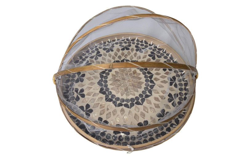 Round Bamboo Food Cover with Mother of Pearl Base 40cm – Handwoven Mesh Food Tent for Elegant Table Setting