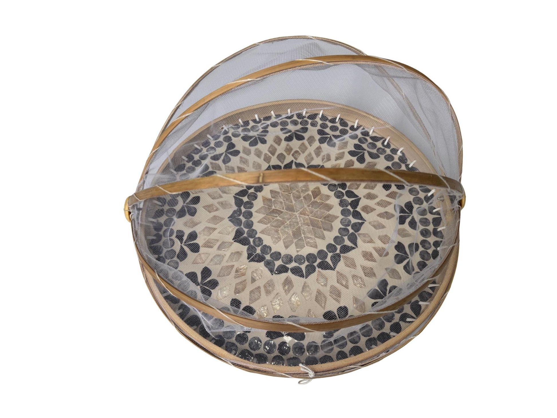 Round Bamboo Food Cover with Mother of Pearl Base 40cm – Handwoven Mesh Food Tent for Elegant Table Setting