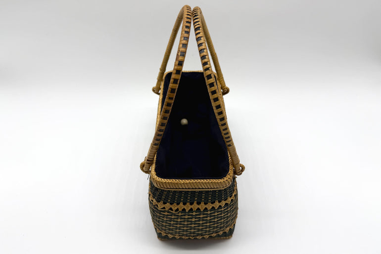 Handwoven Rectangular Bamboo Handbag, Wicker Basket Purse with Fabric Lining, Boho Top Handle Bag, Summer Tote, 9.4x3.9x10.2in