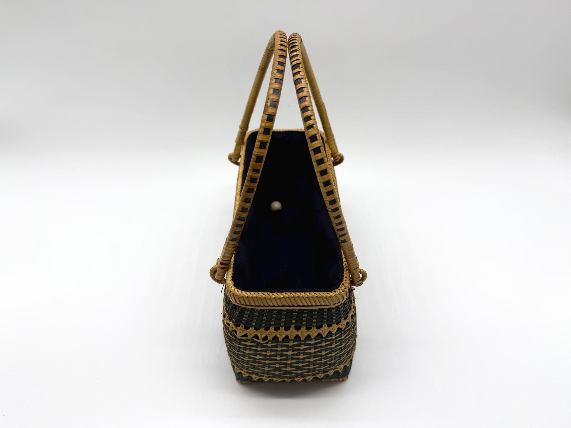 Handwoven Rectangular Bamboo Handbag, Wicker Basket Purse with Fabric Lining, Boho Top Handle Bag, Summer Tote, 9.4x3.9x10.2in