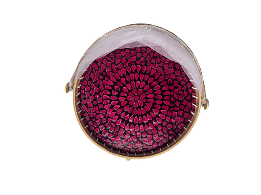 Round Bamboo Food Cover with Mesh Dome, Mother of Pearl Inlay Bamboo Tray, Handmade Food Protector, Kitchen Serving Tray 16 Inch