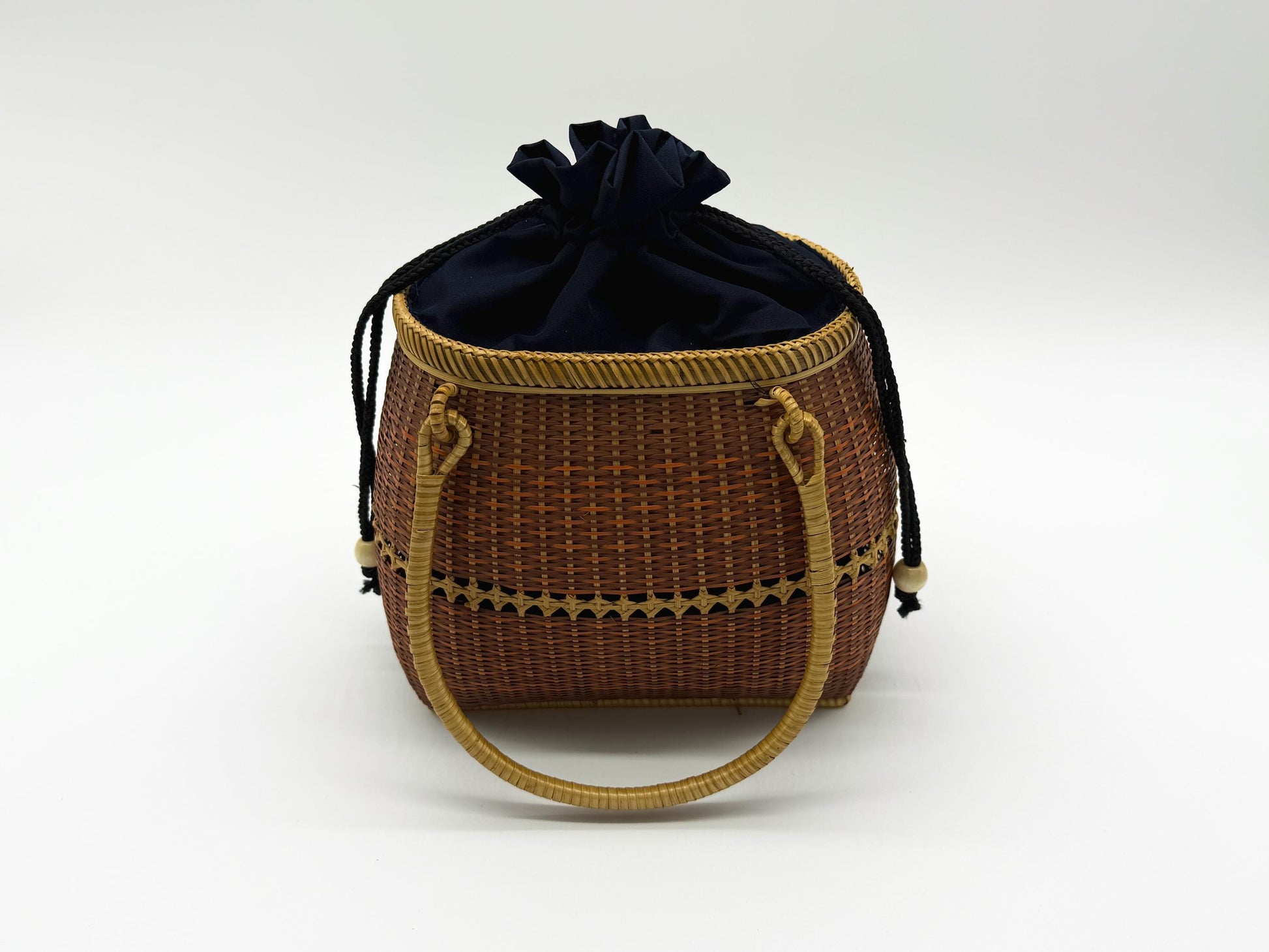 Small Bamboo Basket Handbag, Handmade Rattan Purse with Fabric Lining, Woven Summer Tote Bag, Boho Shoulder Bag, 7.1x3.5x12.2in