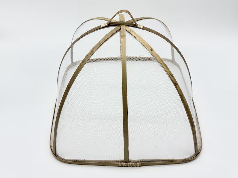 Square Bamboo Food Cover with Mesh Net, Handwoven Bamboo Dish Cover Set, Kitchen Food Protector for Meals & Fruit 12–16 Inch