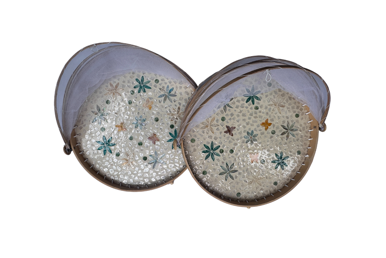 Handmade Bamboo Food Cover with Mesh Net Dome, Round Mother of Pearl Inlay Serving Tray, Large Kitchen Food Protector 18 Inch