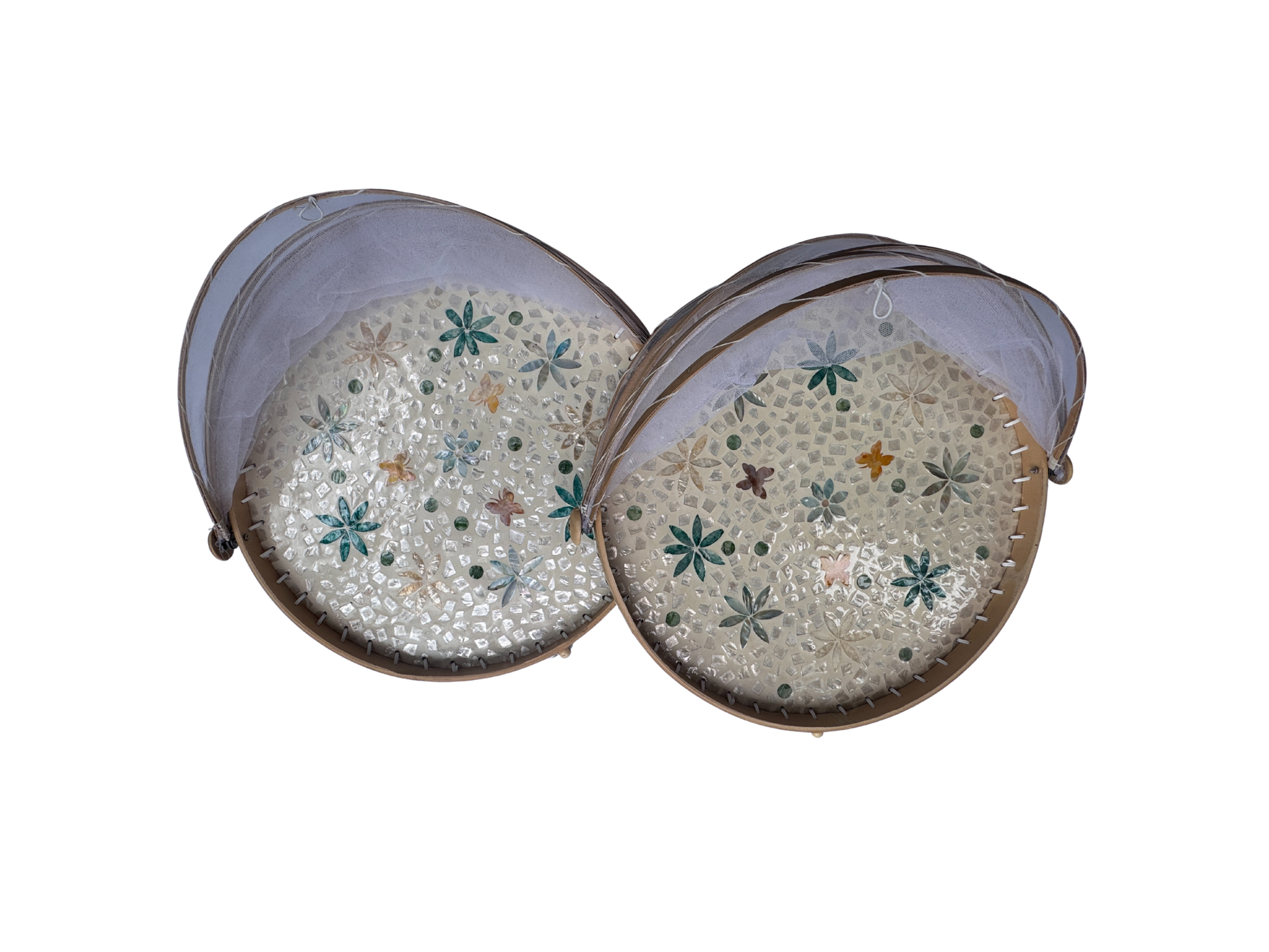 Handmade Bamboo Food Cover with Mesh Net Dome, Round Mother of Pearl Inlay Serving Tray, Large Kitchen Food Protector 18 Inch