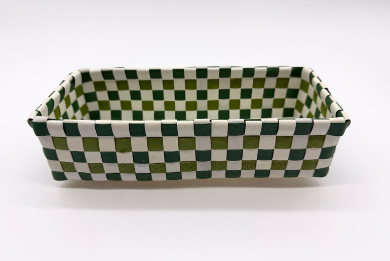 Compact Checkered Woven Tray, Narrow Guest Towel Holder, Handy Plastic Vanity Tray, Space-Saving Silverware Basket, Small Desk Catchall