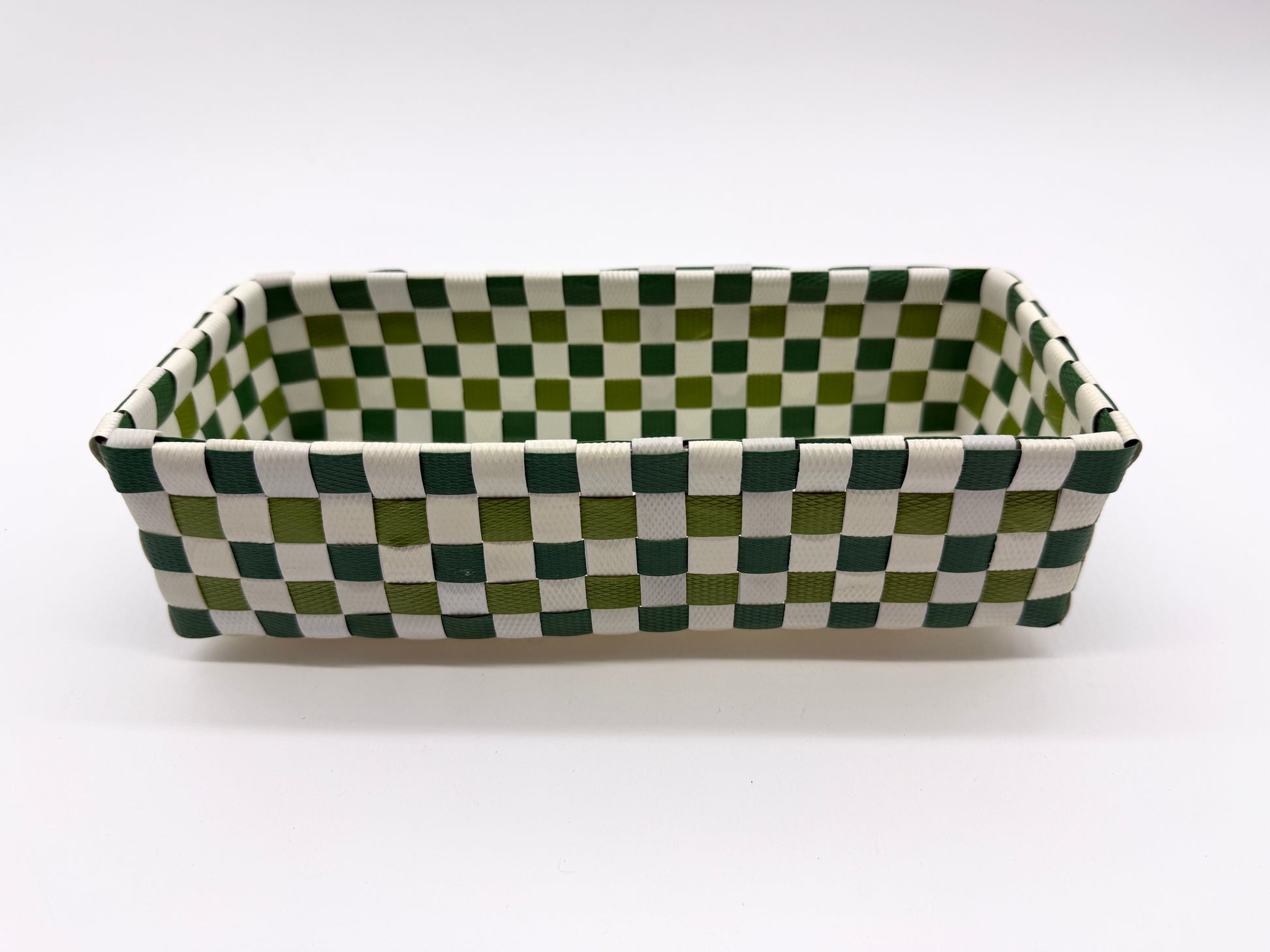 Compact Checkered Woven Tray, Narrow Guest Towel Holder, Handy Plastic Vanity Tray, Space-Saving Silverware Basket, Small Desk Catchall