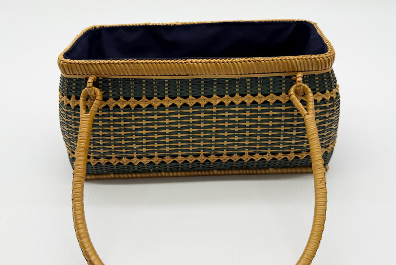 Handwoven Rectangular Bamboo Handbag, Wicker Basket Purse with Fabric Lining, Boho Top Handle Bag, Summer Tote, 9.4x3.9x10.2in