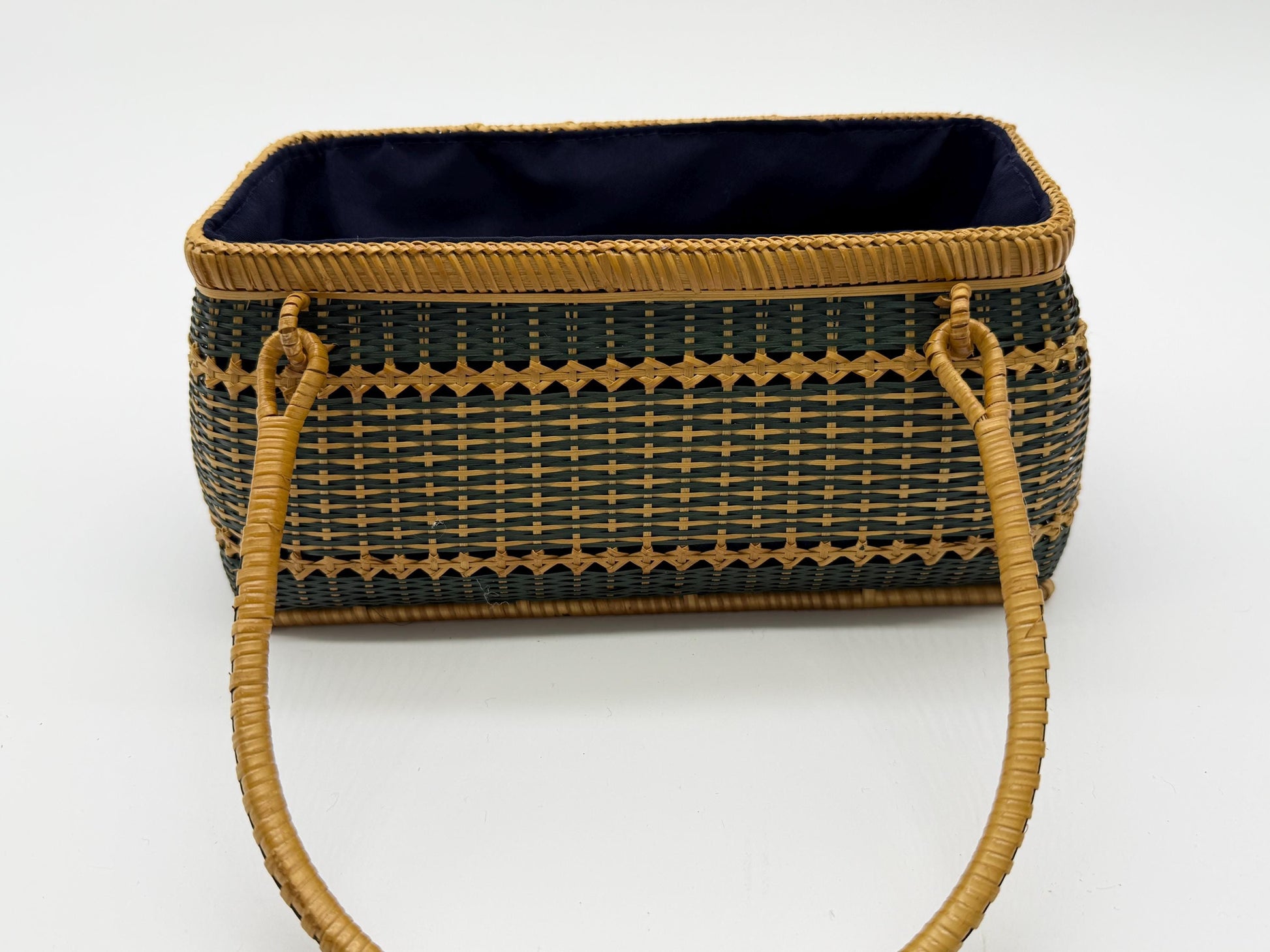 Handwoven Rectangular Bamboo Handbag, Wicker Basket Purse with Fabric Lining, Boho Top Handle Bag, Summer Tote, 9.4x3.9x10.2in