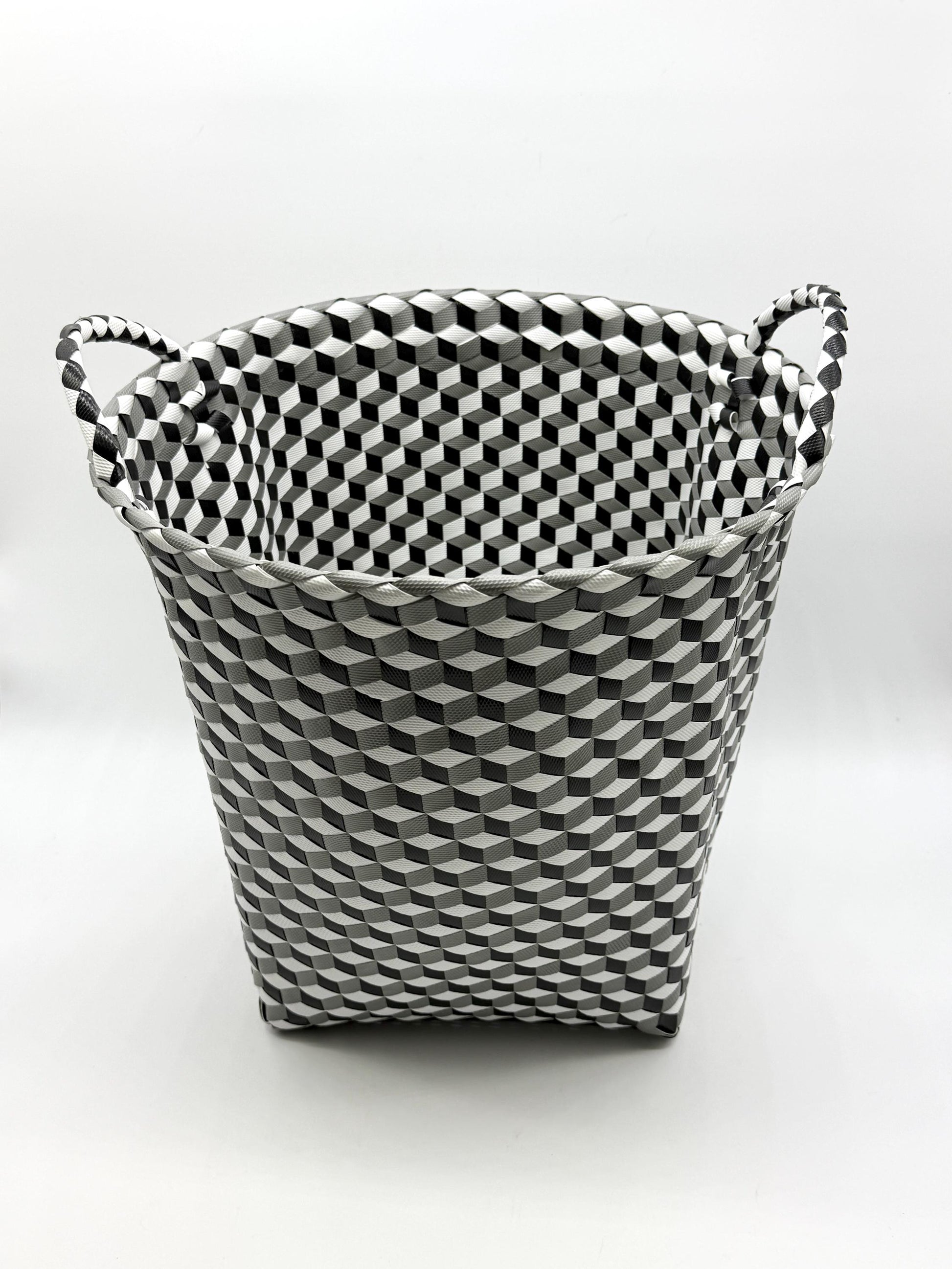 3D Woven Plastic Storage Basket with Handles, Handmade Laundry Basket, Decorative Organizer Bin for Toys Bathroom Nursery