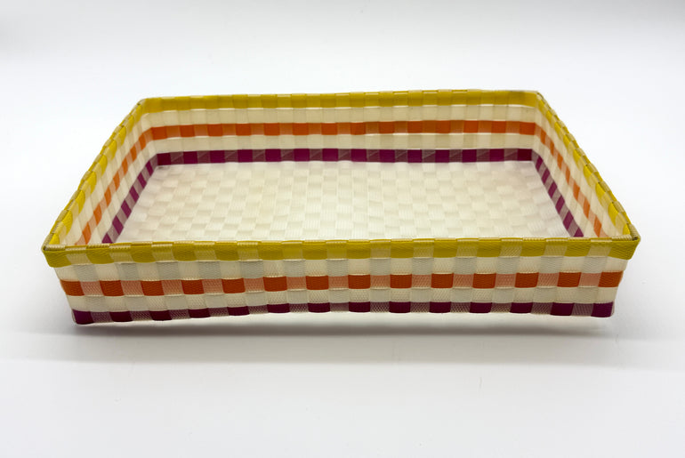 Handwoven Rectangular Plastic Tray, Colorful Woven Serving Tray, Boho Desk Paper Organizer, Waterproof Bathroom Vanity Tray, Striped Catchall