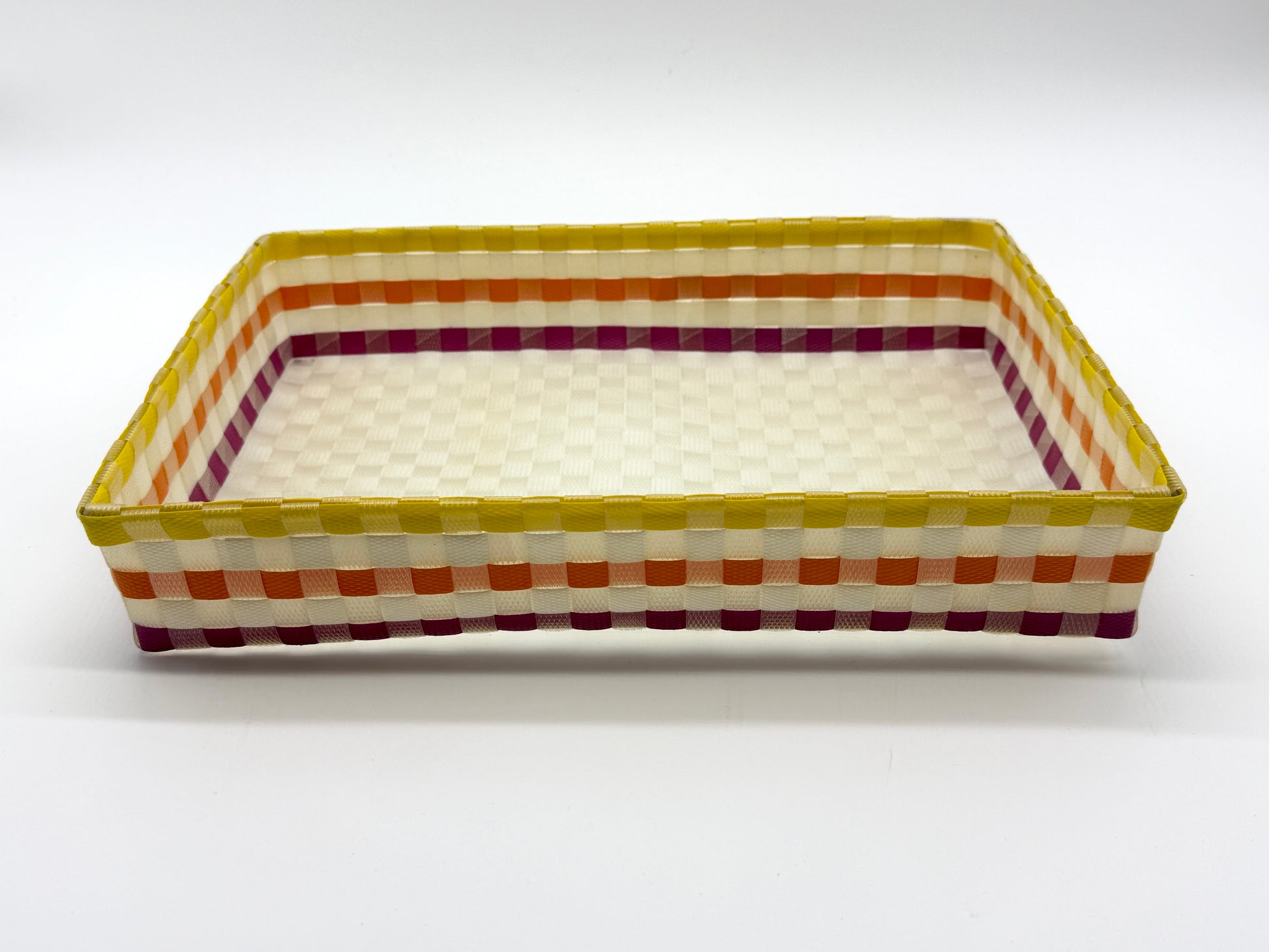 Handwoven Rectangular Plastic Tray, Colorful Woven Serving Tray, Boho Desk Paper Organizer, Waterproof Bathroom Vanity Tray, Striped Catchall
