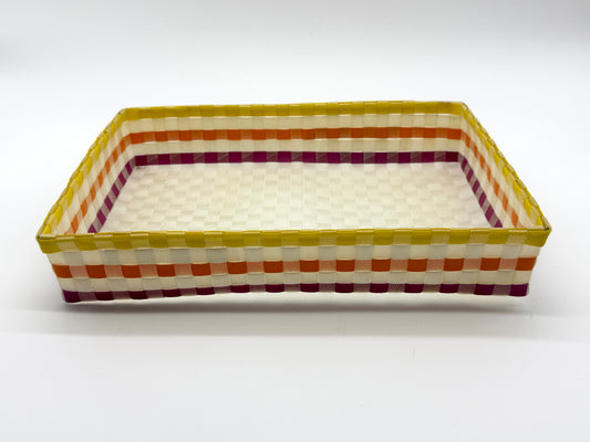 Handwoven Rectangular Plastic Tray, Colorful Woven Serving Tray, Boho Desk Paper Organizer, Waterproof Bathroom Vanity Tray, Striped Catchall