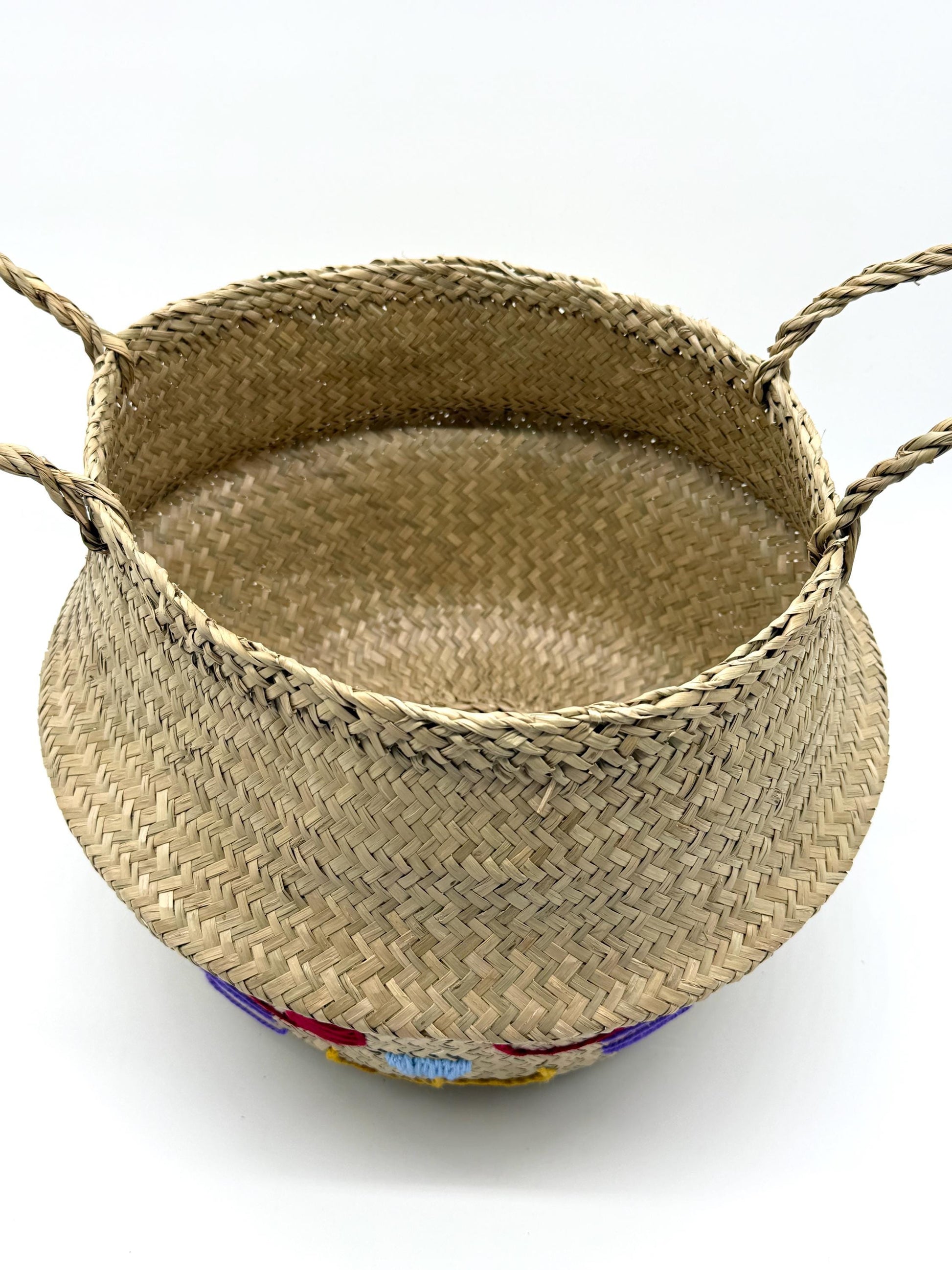 Cat Face Seagrass Storage Basket with Handles, Foldable Woven Laundry Basket, Decorative Organizer for Home, 13.8in