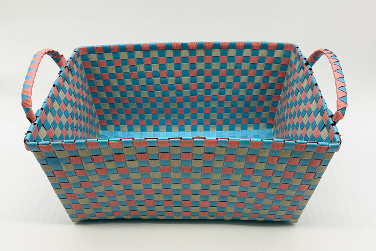 Handwoven Plastic Storage Basket with Handles, Woven Organizer Bin, Multi Size Basket for Toy Laundry Bathroom Nursery Storage