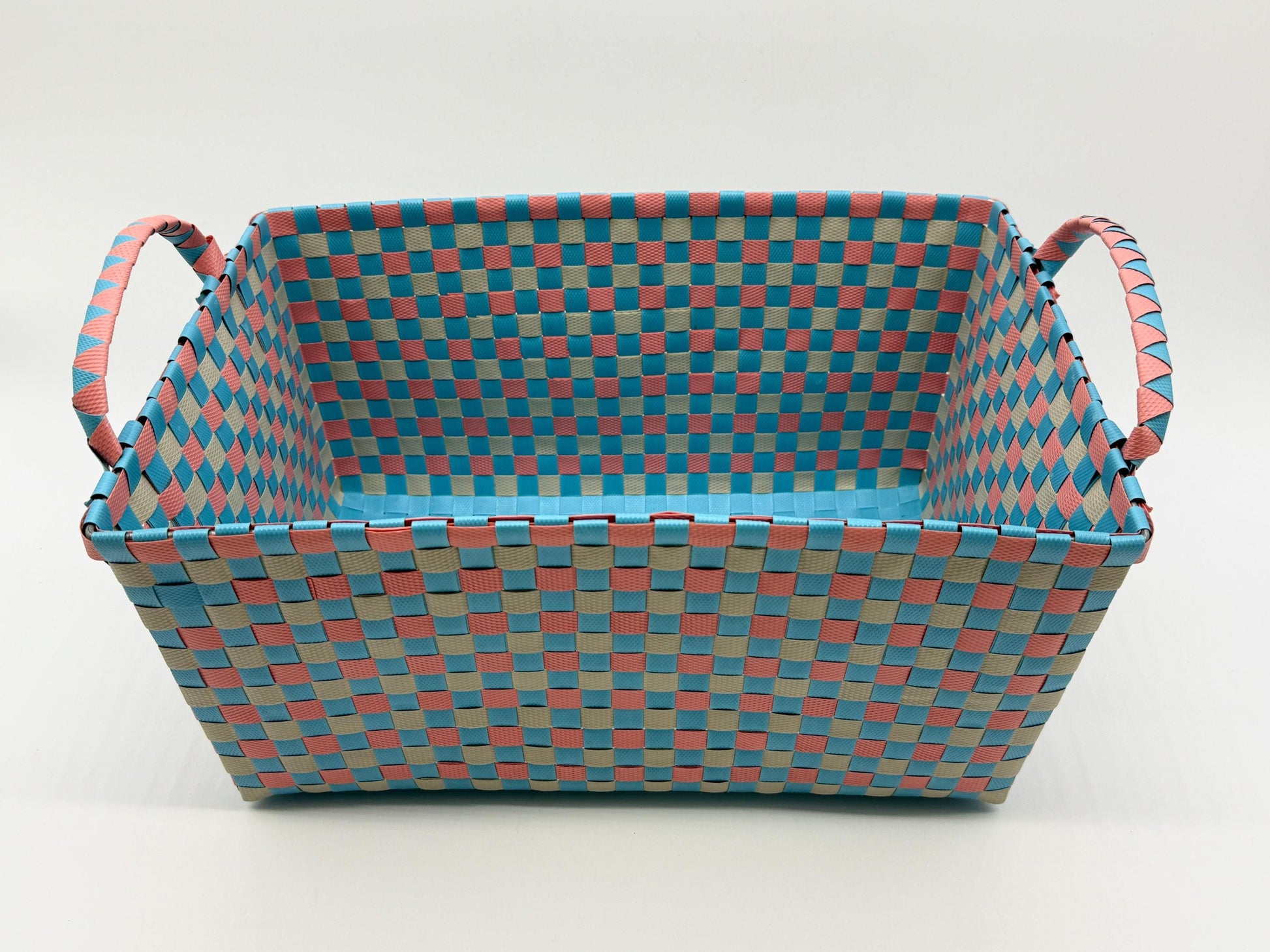Handwoven Plastic Storage Basket with Handles, Woven Organizer Bin, Multi Size Basket for Toy Laundry Bathroom Nursery Storage