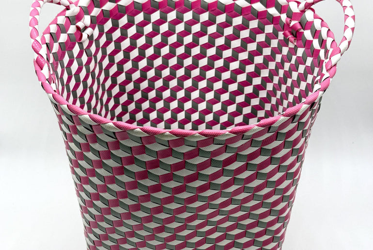 3D Woven Plastic Storage Basket with Handles, Handmade Laundry Basket, Decorative Organizer Bin for Toys Bathroom Nursery