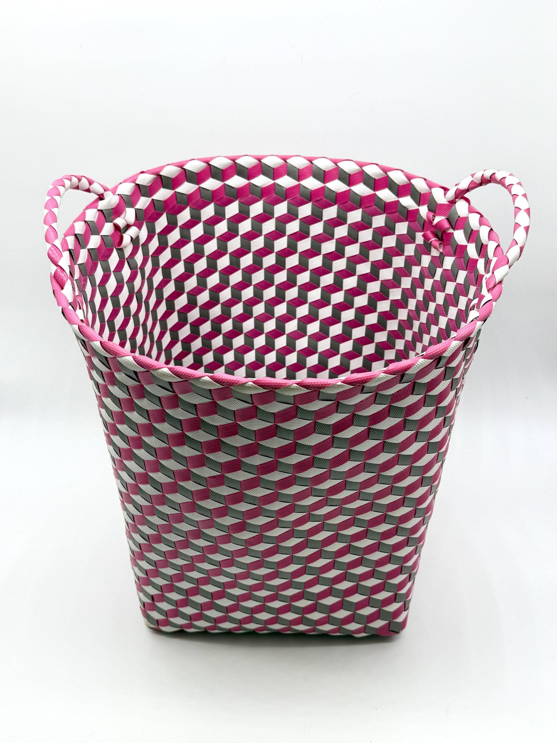 3D Woven Plastic Storage Basket with Handles, Handmade Laundry Basket, Decorative Organizer Bin for Toys Bathroom Nursery