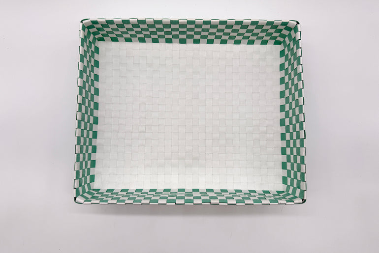 Checkered Woven Plastic Tray, Colorful Handwoven Serving Tray, Large Boho Catchall Basket, Waterproof Bathroom Vanity Tray, Desk Organizer