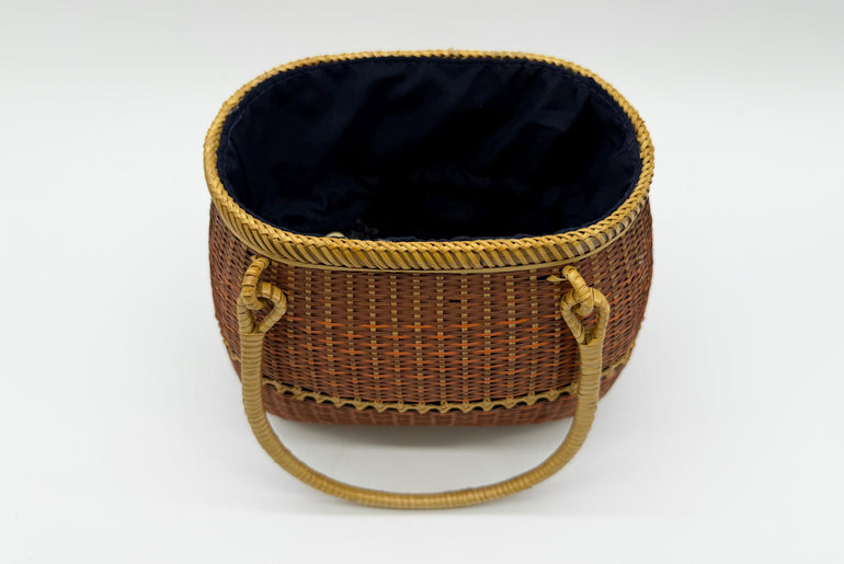 Small Bamboo Basket Handbag, Handmade Rattan Purse with Fabric Lining, Woven Summer Tote Bag, Boho Shoulder Bag, 7.1x3.5x12.2in