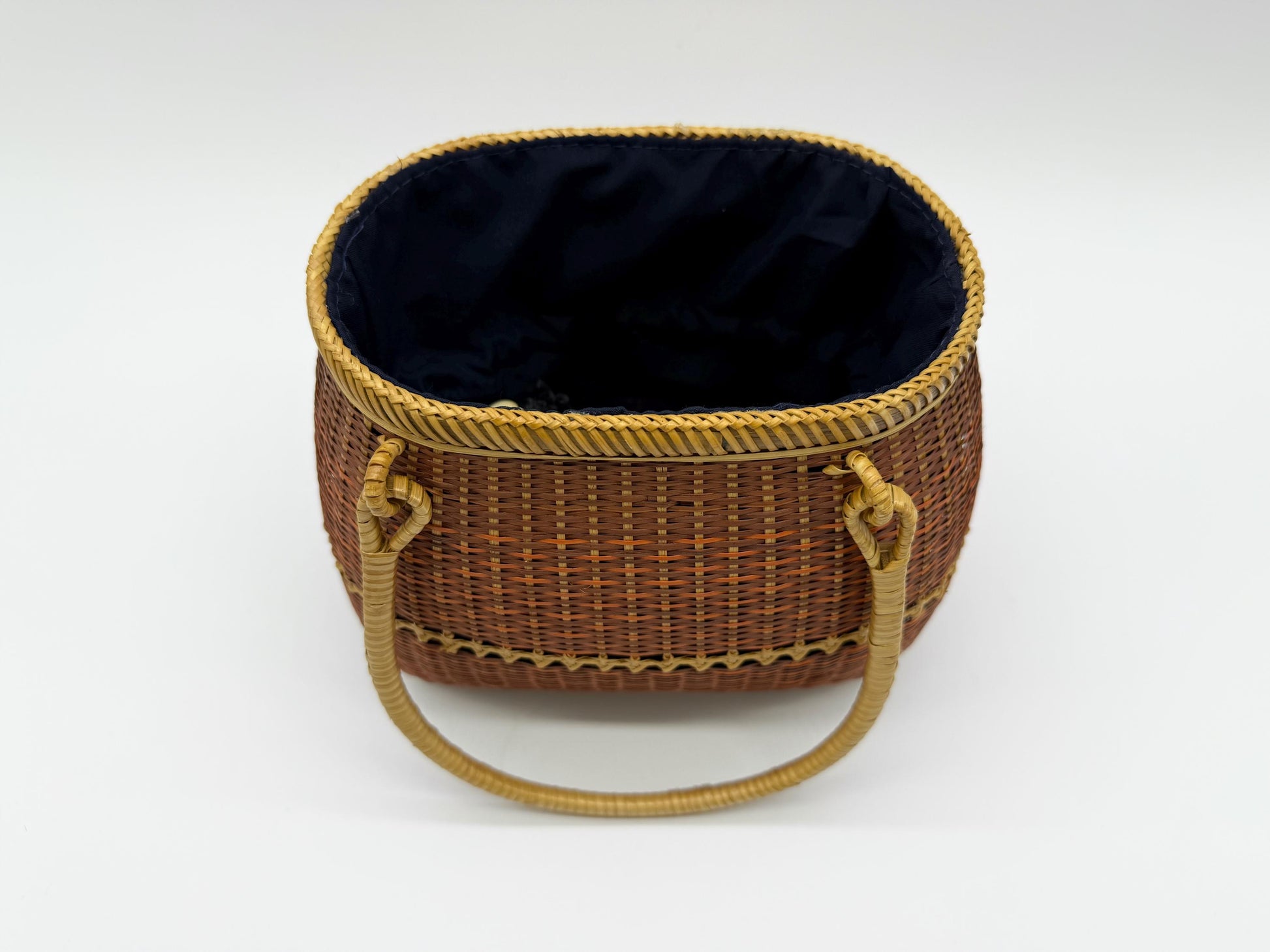 Small Bamboo Basket Handbag, Handmade Rattan Purse with Fabric Lining, Woven Summer Tote Bag, Boho Shoulder Bag, 7.1x3.5x12.2in