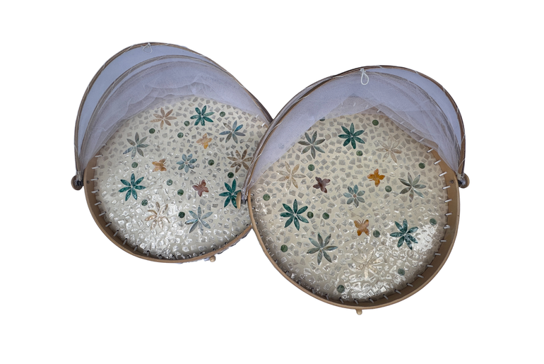 Handmade Bamboo Food Cover with Mesh Net Dome, Round Mother of Pearl Inlay Serving Tray, Large Kitchen Food Protector 18 Inch
