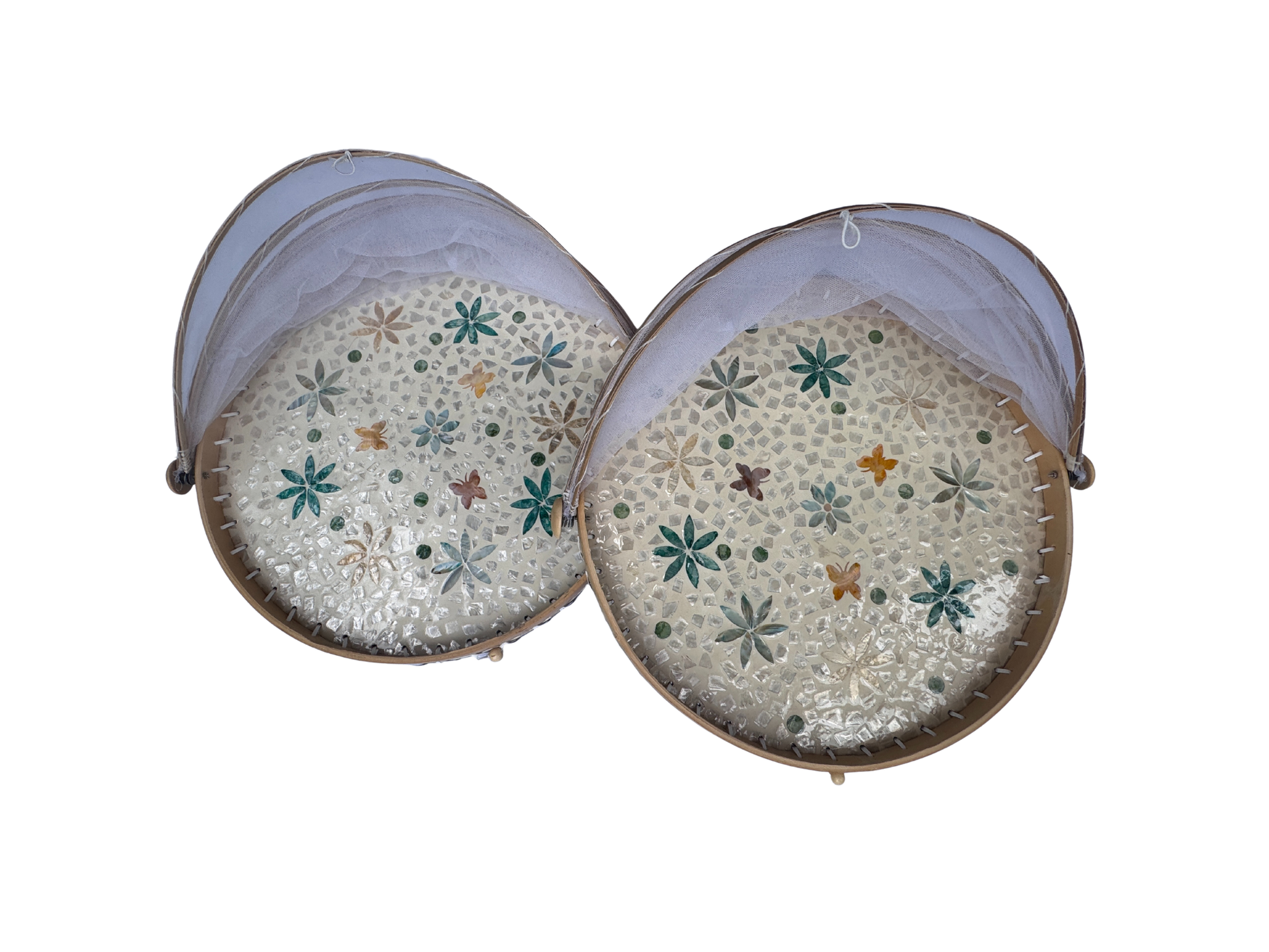 Handmade Bamboo Food Cover with Mesh Net Dome, Round Mother of Pearl Inlay Serving Tray, Large Kitchen Food Protector 18 Inch