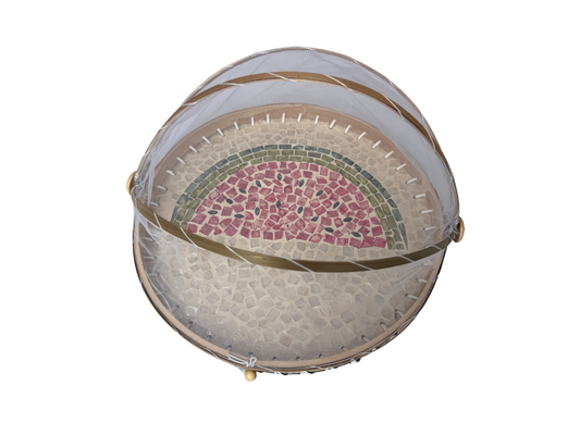 Round Bamboo Food Cover with Mesh Dome, Mother of Pearl Inlay Bamboo Tray, Handmade Food Protector, Kitchen Serving Tray 16 Inch