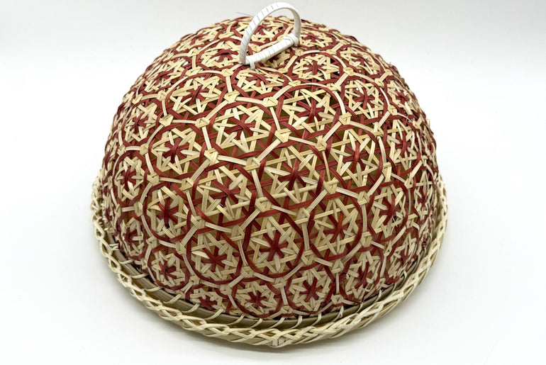 Round Bamboo Food Cover with Tray, Handwoven Floral Food Tent, Fruit Serving Dome, Fly Protection Cover, Picnic Food Cover, 13in