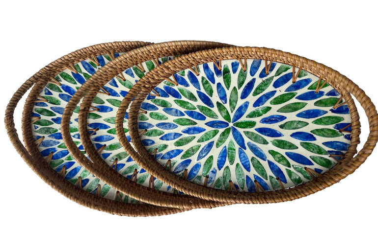Oval Rattan Tray with Handles and Mother of Pearl Inlay Base, Handmade Woven Serving Tray, Boho Home Decor, Handmade Vietnam