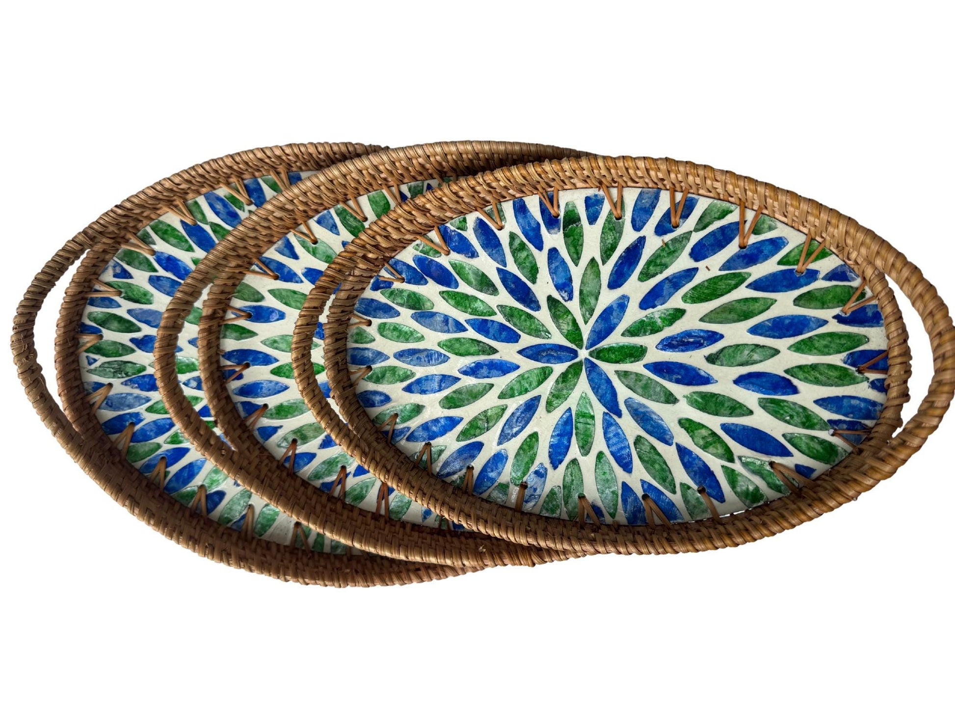 Oval Rattan Tray with Handles and Mother of Pearl Inlay Base, Handmade Woven Serving Tray, Boho Home Decor, Handmade Vietnam