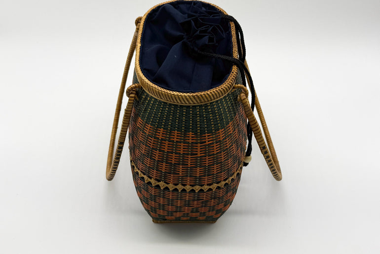 Handwoven Bamboo Handbag, Vintage Rattan Purse, Handmade Wicker Basket Bag with Fabric Lining, Boho Summer Shoulder Tote, 9.1x3.7x16.1in