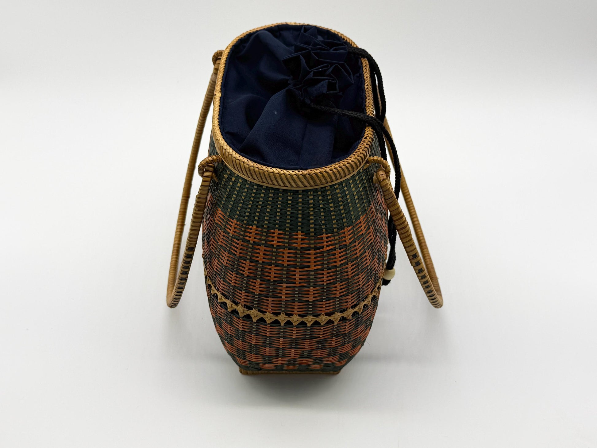 Handwoven Bamboo Handbag, Vintage Rattan Purse, Handmade Wicker Basket Bag with Fabric Lining, Boho Summer Shoulder Tote, 9.1x3.7x16.1in