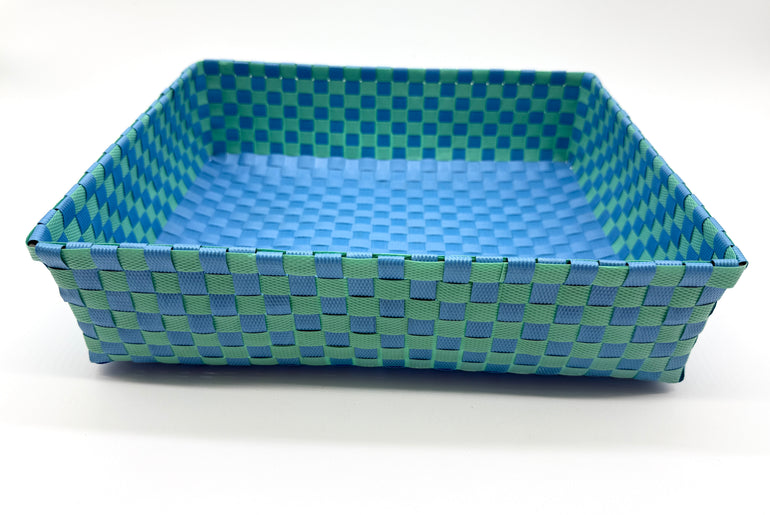 Checkered Woven Plastic Tray, Colorful Handwoven Serving Tray, Large Boho Catchall Basket, Waterproof Bathroom Vanity Tray, Desk Organizer