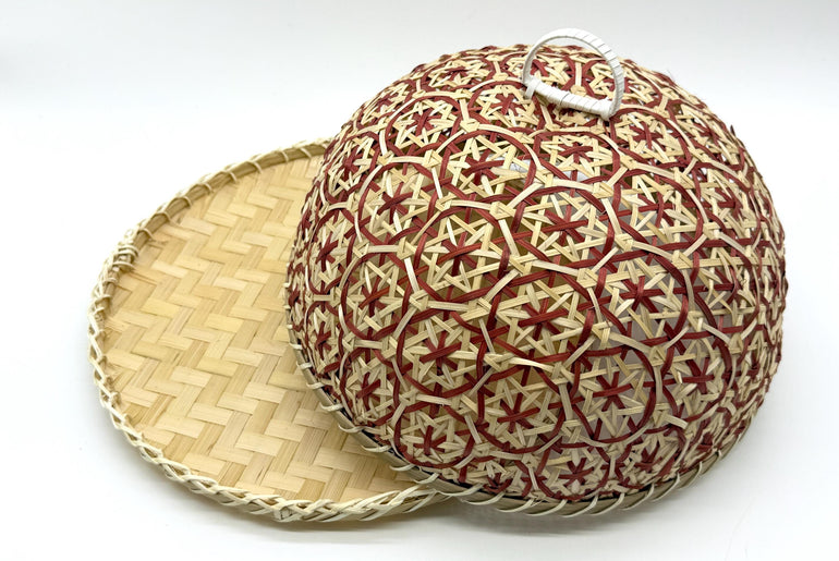 Round Bamboo Food Cover with Tray, Handwoven Floral Food Tent, Fruit Serving Dome, Fly Protection Cover, Picnic Food Cover, 13in