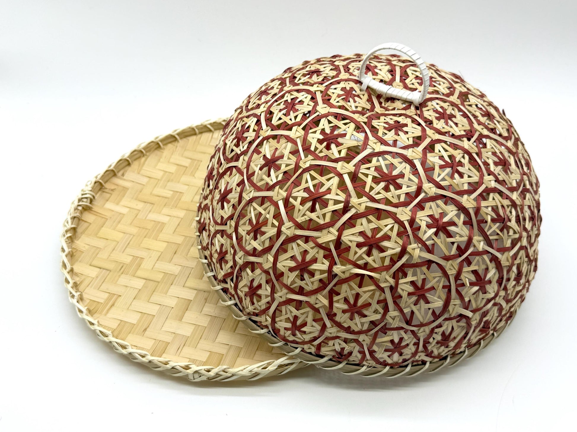 Round Bamboo Food Cover with Tray, Handwoven Floral Food Tent, Fruit Serving Dome, Fly Protection Cover, Picnic Food Cover, 13in