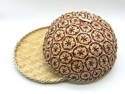 Round Bamboo Food Cover with Tray, Handwoven Floral Food Tent, Fruit Serving Dome, Fly Protection Cover, Picnic Food Cover, 13in