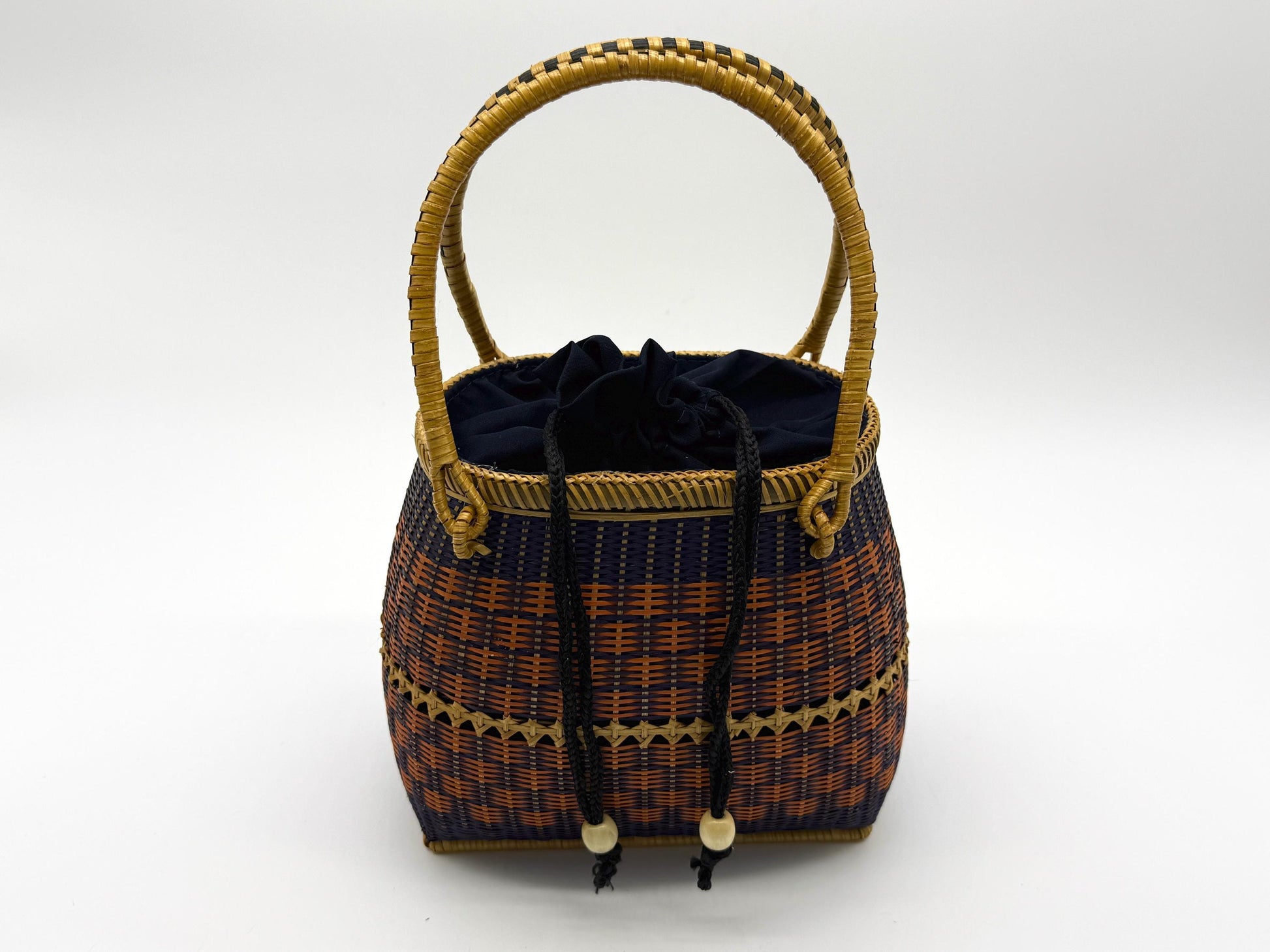Small Bamboo Basket Handbag, Handmade Rattan Purse with Fabric Lining, Woven Summer Tote Bag, Boho Shoulder Bag, 7.1x3.5x12.2in
