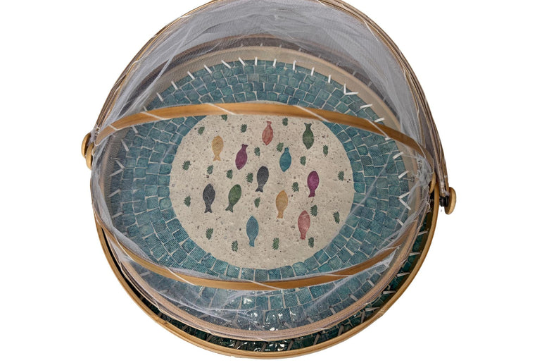 Bamboo Food Cover with Mother of Pearl Tray, Foldable Mesh Food Tent, Handmade Serving Tray, Fruit Cover, Kitchen Decor