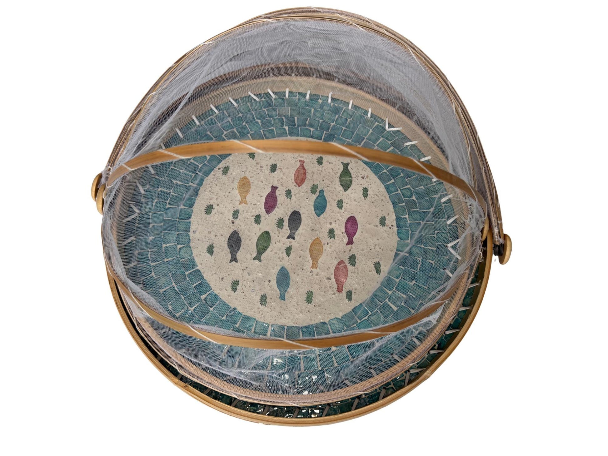 Bamboo Food Cover with Mother of Pearl Tray, Foldable Mesh Food Tent, Handmade Serving Tray, Fruit Cover, Kitchen Decor