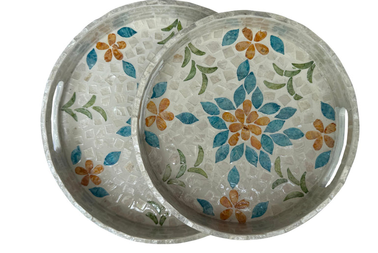 Handmade Round Shell Inlay Tray – Mother of Pearl Decorative Serving Tray, Elegant Coffee Table Organizer, Luxury Vanity Tray, Gift Idea