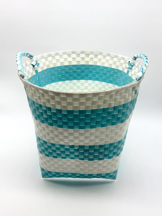 Round Woven Plastic Basket with Handles, Handmade Laundry Hamper, Multi Color Storage Bin for Toys Blankets Bathroom