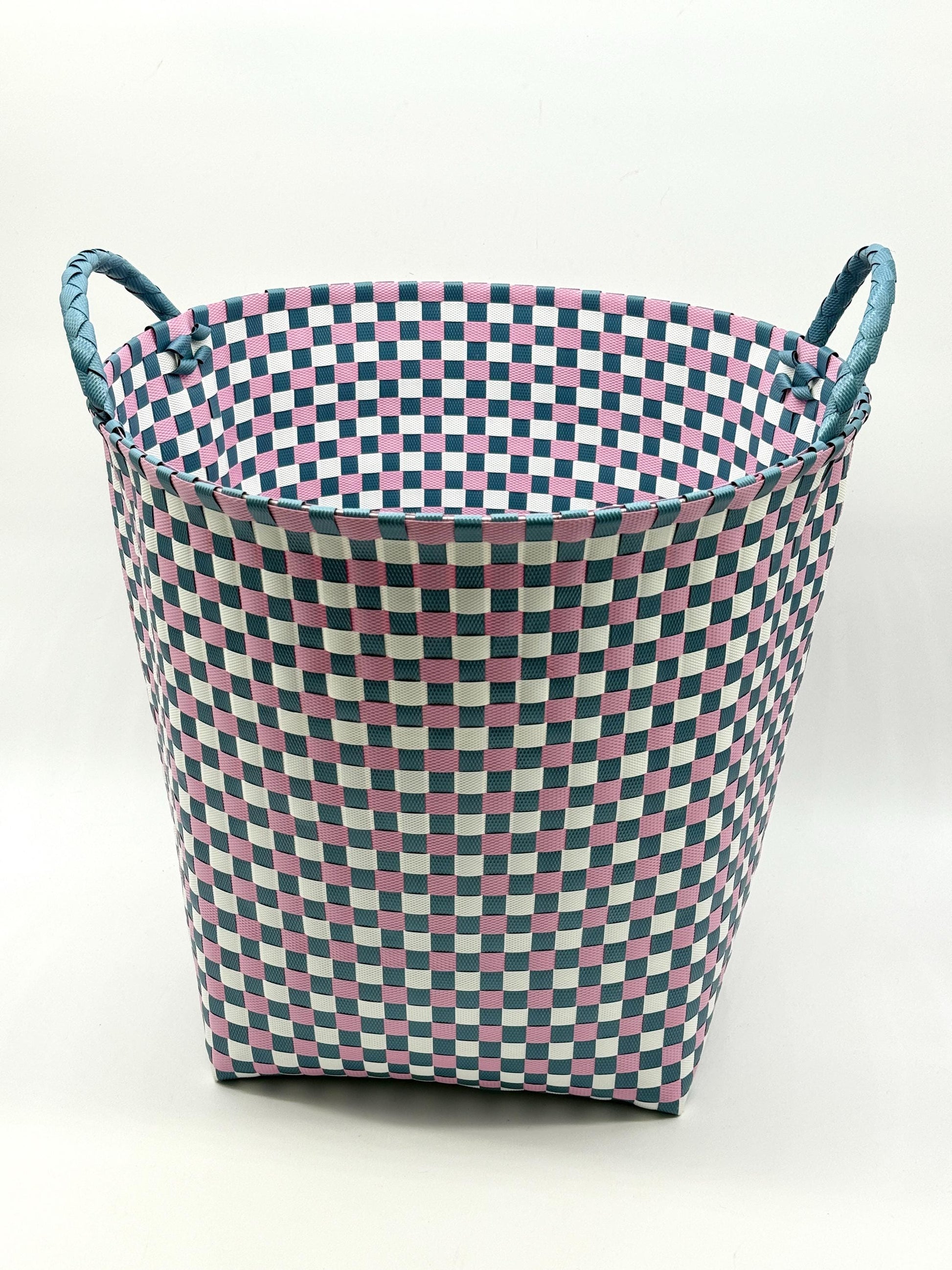 Round Woven Plastic Basket with Handles, Handmade Laundry Hamper, Multi Color Storage Bin for Toys Blankets Bathroom