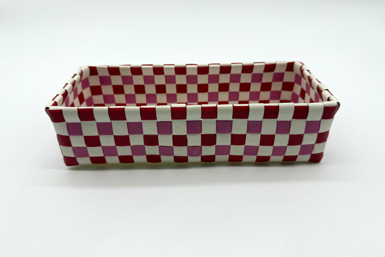 Compact Checkered Woven Tray, Narrow Guest Towel Holder, Handy Plastic Vanity Tray, Space-Saving Silverware Basket, Small Desk Catchall