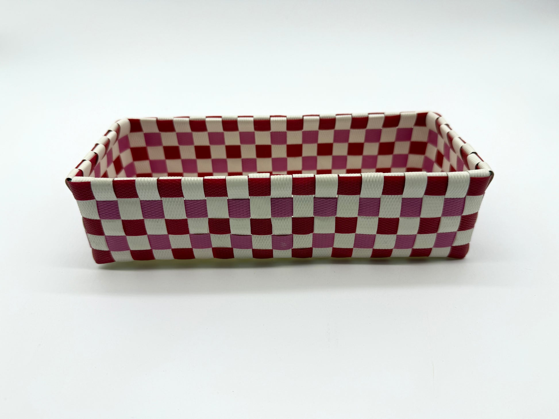 Compact Checkered Woven Tray, Narrow Guest Towel Holder, Handy Plastic Vanity Tray, Space-Saving Silverware Basket, Small Desk Catchall