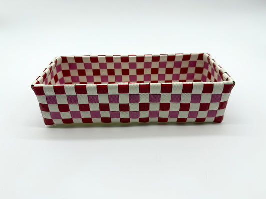 Compact Checkered Woven Tray, Narrow Guest Towel Holder, Handy Plastic Vanity Tray, Space-Saving Silverware Basket, Small Desk Catchall
