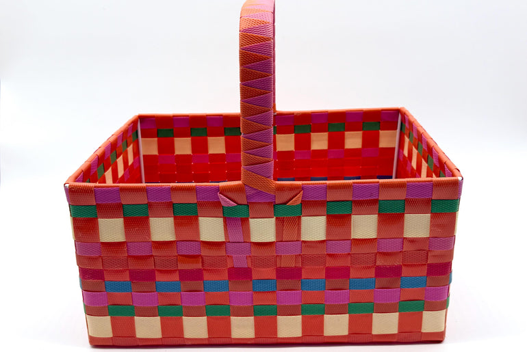 Large Woven Plastic Basket with Handle, Easter Basket, Colorful Storage Basket, Gift Basket, Picnic Basket, Toy Organizer
