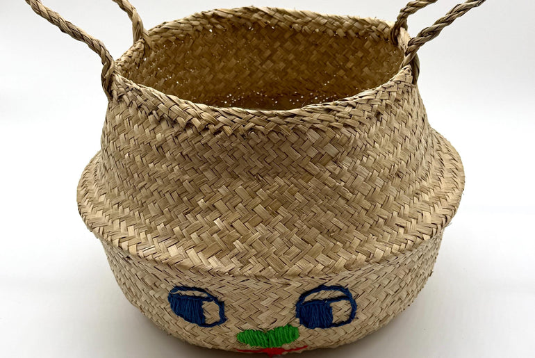 Bunny Face Seagrass Storage Basket with Handles, Foldable Woven Basket, Blanket Storage Bin, Boho Room Decor, 13.8in