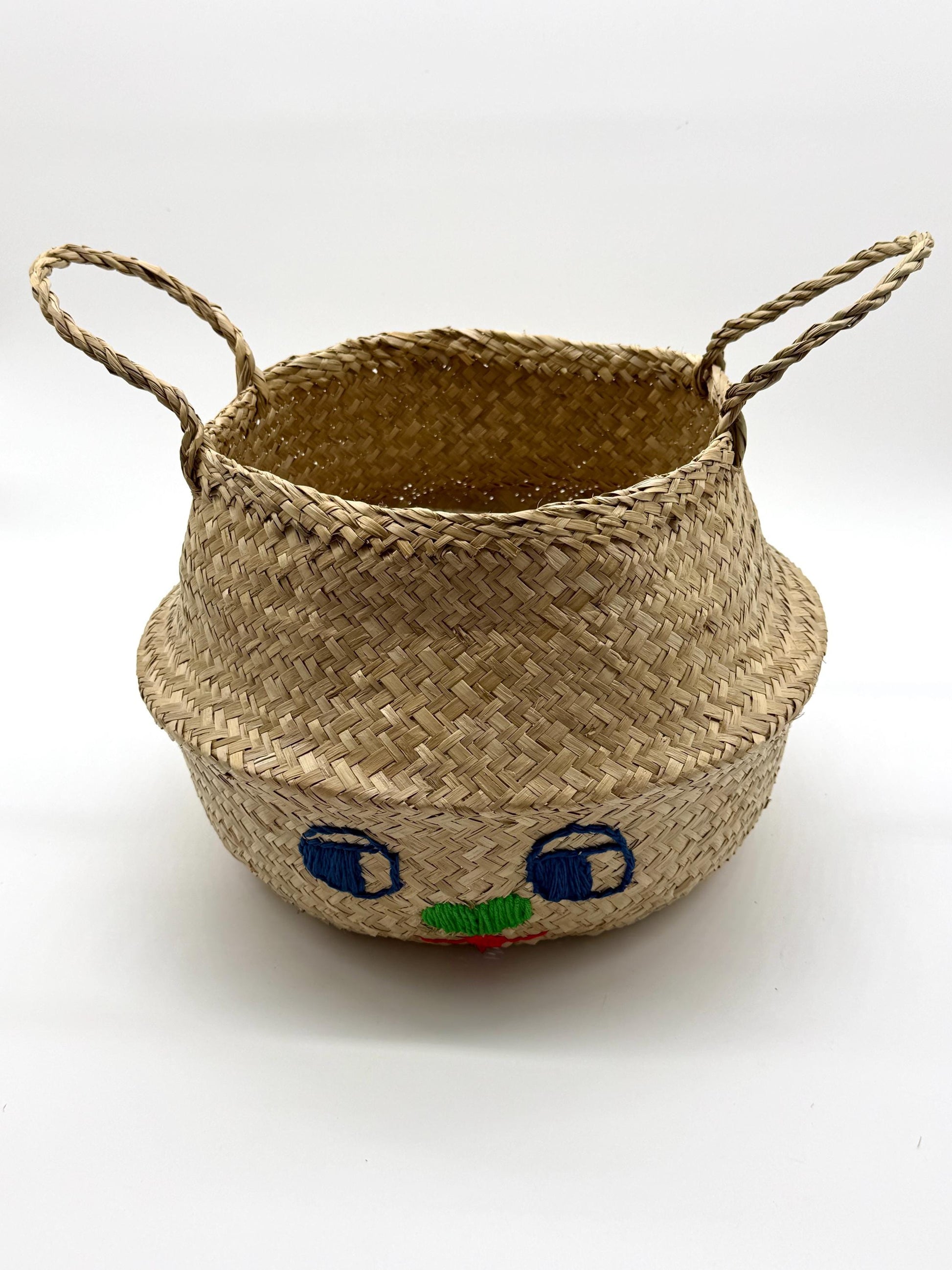 Bunny Face Seagrass Storage Basket with Handles, Foldable Woven Basket, Blanket Storage Bin, Boho Room Decor, 13.8in