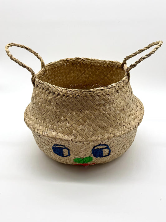 Bunny Face Seagrass Storage Basket with Handles, Foldable Woven Basket, Blanket Storage Bin, Boho Room Decor, 13.8in